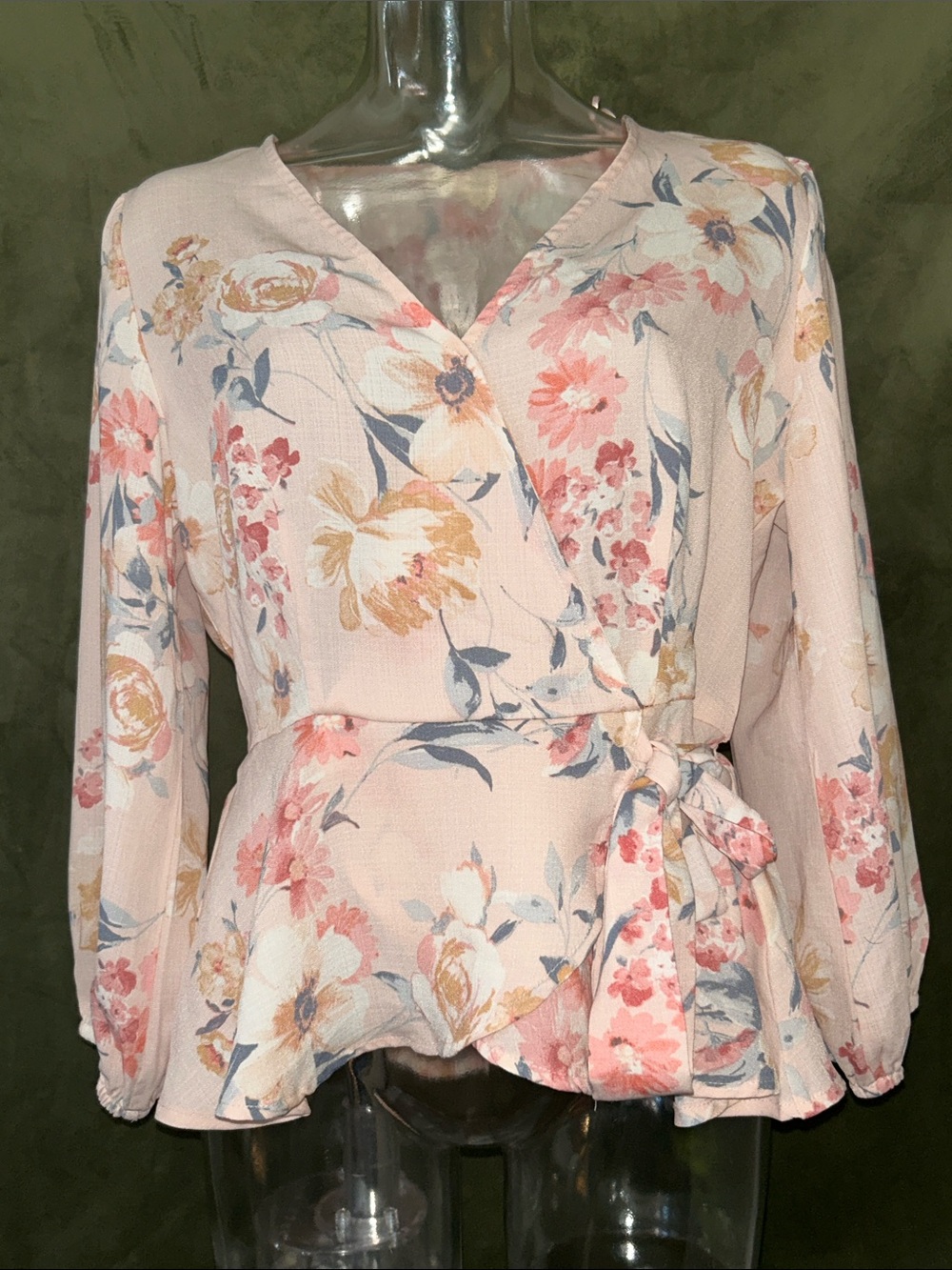 meraki Blush Floral Wrap Peplum Top